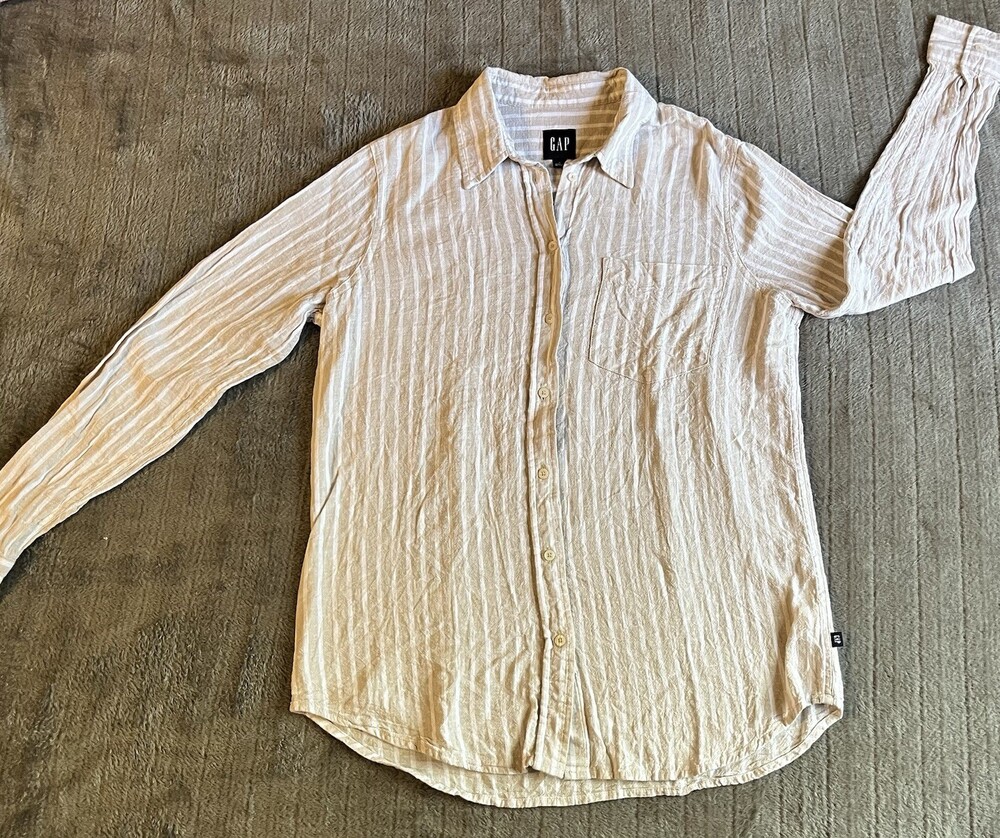GAP Womens Small Beige/White Striped Linen Blend Long Sleeve Button-Up Shirt
